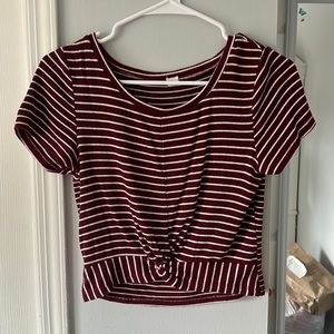 Burgundy and White Striped Cropped Knot Top